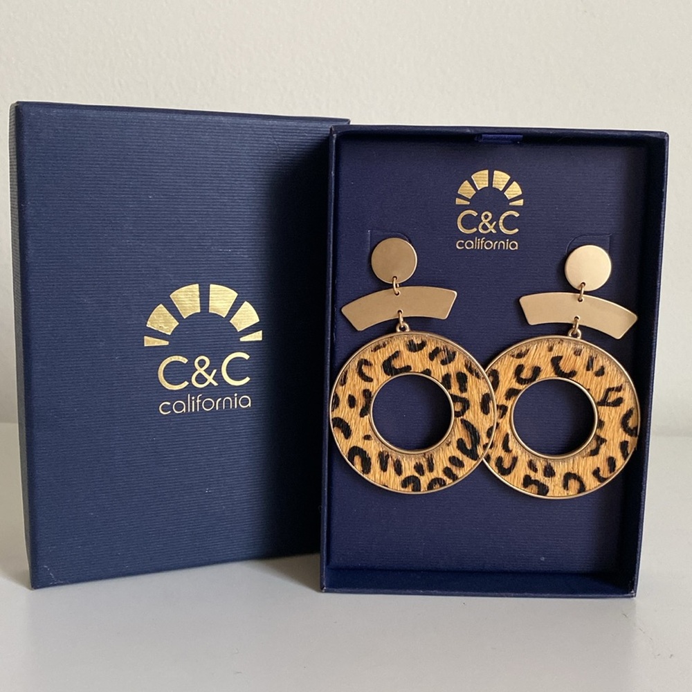 C&C California Leopard Print Drop Earrings NWT Cowhide Gold Tone Animal Print